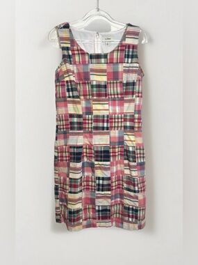 LL Bean Dress Patchwork Plaid 100% Cotton Women Sz 8 Pink Multi Preppy Casual
